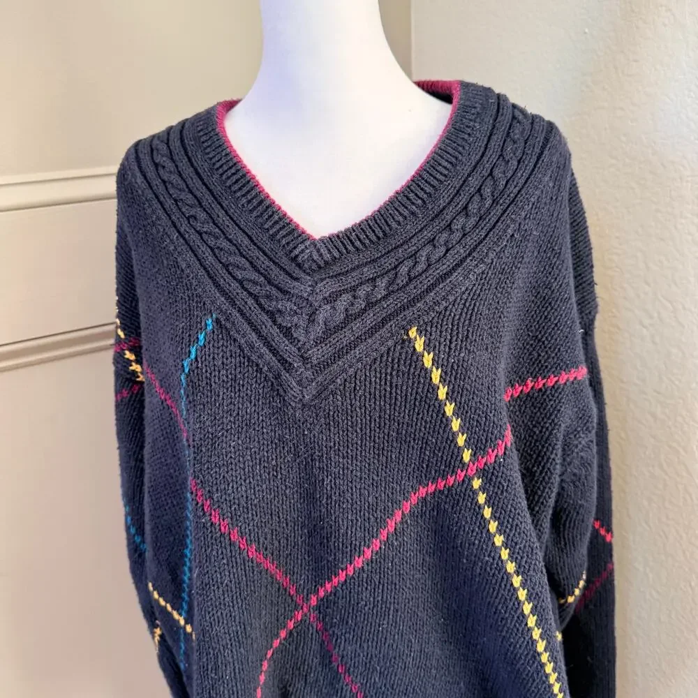 Vintage Sears Roebuck Navy Diamond Knit V-Neck Sweater Size XL Academia Preppy